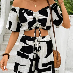 Perfee Drawstring Off-Shoulder Top and Shorts Set